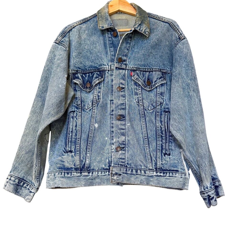 VTG 80s Levis Jean Jacket Mens 42 44 L Blue Acid Wash Denim Distressed